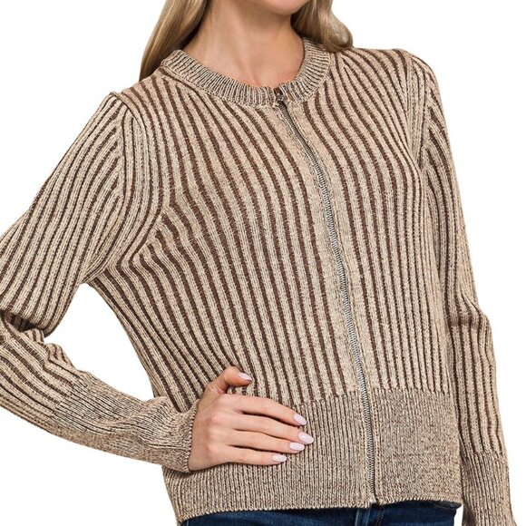 Zenana Ribbed Two Tone Zip Up Sweater Cardigan - Picture 1 of 3